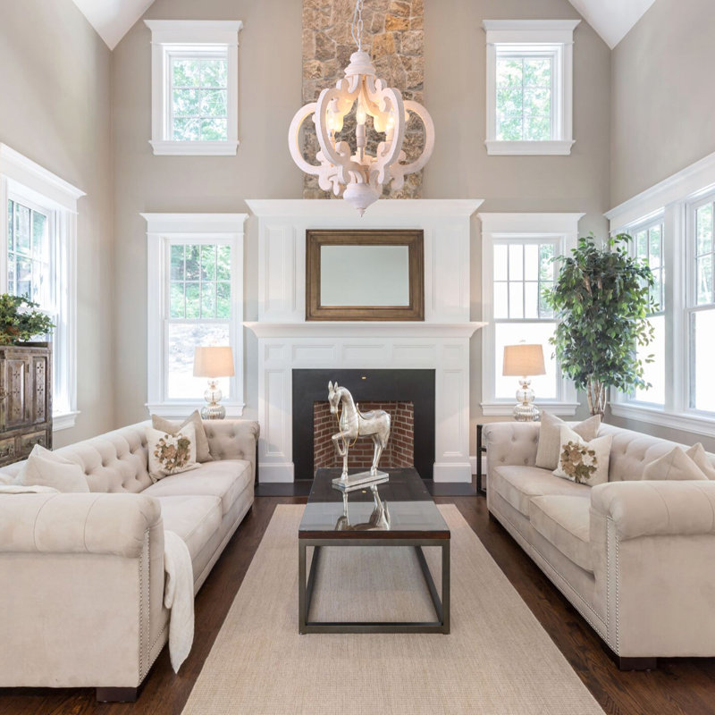 Farmhouse 6-Light Wood Chandelier Chic Crown Design Pendant Light For Living Room, Cream White