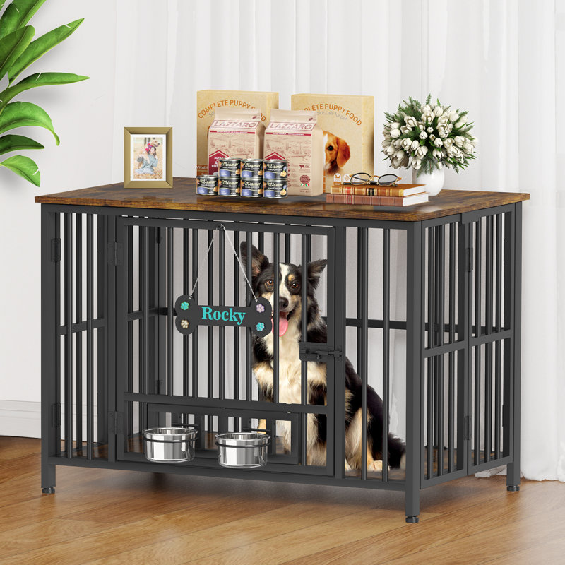 Large Foldable Dog Crate Furniture, Assembly-Free Dog Crate With Adjustable Bowls And Name Tag For Small, Medium, Large Dog