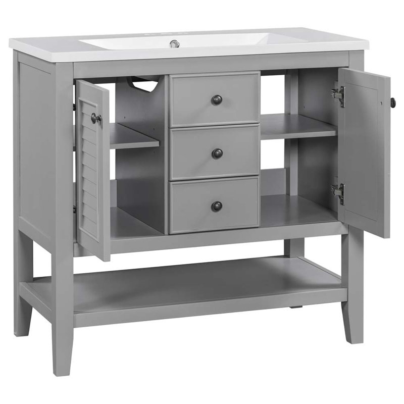 Meuble-lavabo 36 po avec lavabo en céramique, deux armoires et tiroirs, Gris