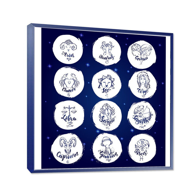 Signes du zodiaque sur bleu - Impression sur toile, H 36 po x l 36 po x 1,5 po, Cadre flottant bleu