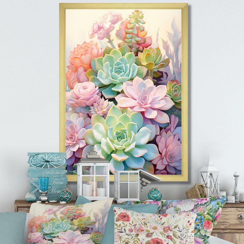 «Daerion Green Pink Succulents Succulent Serenade», reproduction sur toile, H 32 po x l 24 po x P 1 po, Cadre doré simple