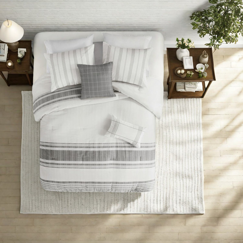 Farmhouse Cotton Oversized Bedding Set, Queen, White/grey