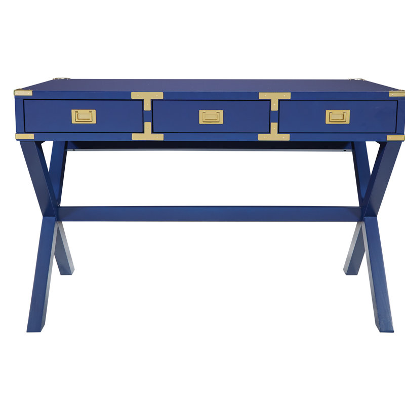 Harrison Solid Wood Writing Desk with Built-In Electrical Outlet, Blue