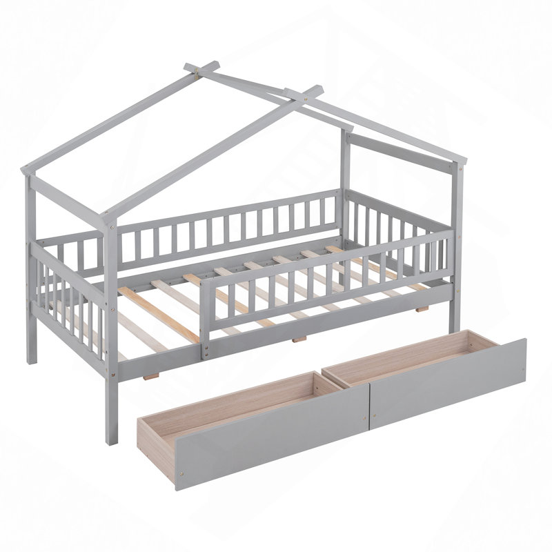 Lit en bois avec deux tiroirs, Gris, Lit simple