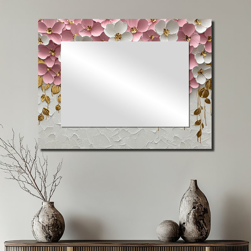 Pink Pastel Cream Of Wildflowers Field II - Floral Mirror Wall Art - Printed On Metal, 24" x 32"
