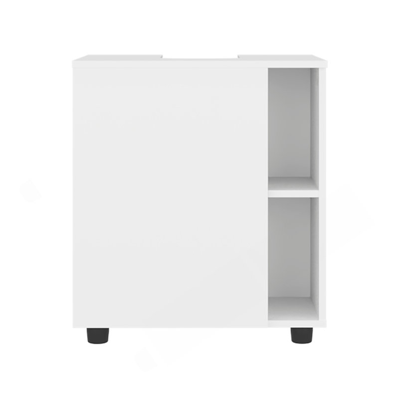 Deux tablettes latérales sous le lavabo avec une porte, un arrière découpé, un rangement compact pour salle de bain à 22 tablettes, blanc