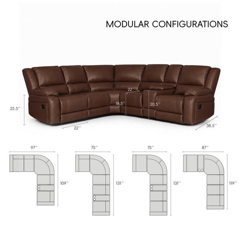 Talley 5-Seat Faux Leather Reclining Sectional Sofa with Storage Console Drop Down Table and Cup Holders, Reddish Brown