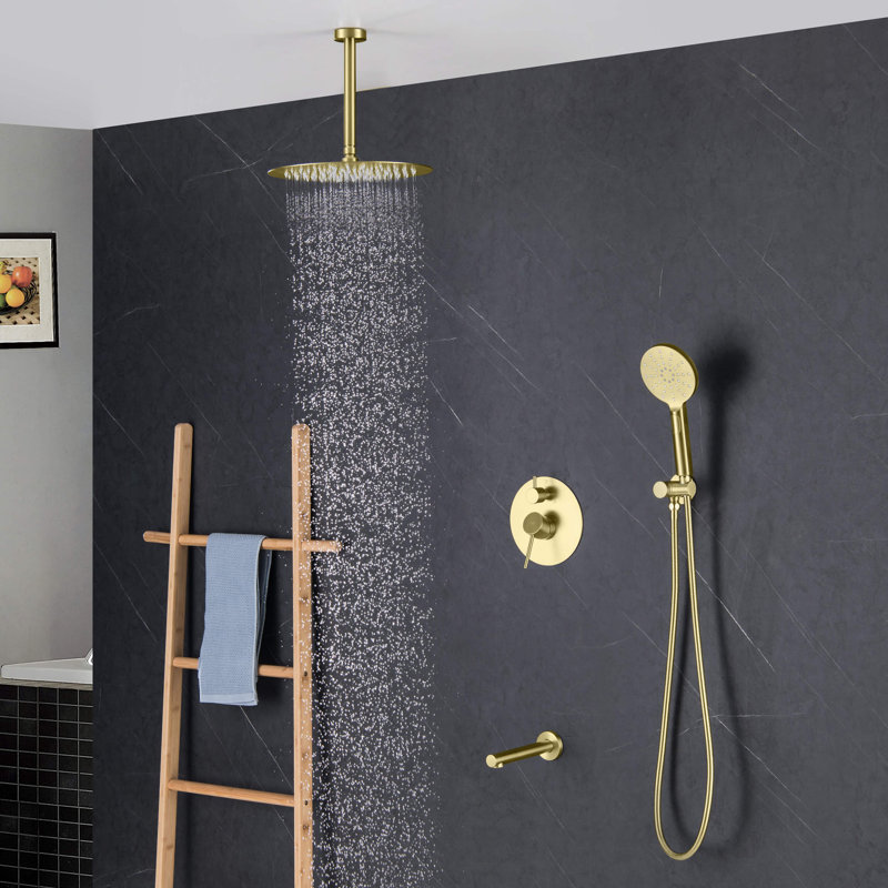 Système de douche circulaire à pression équilibrée à 3 fonctions avec valve brute, Or brossé