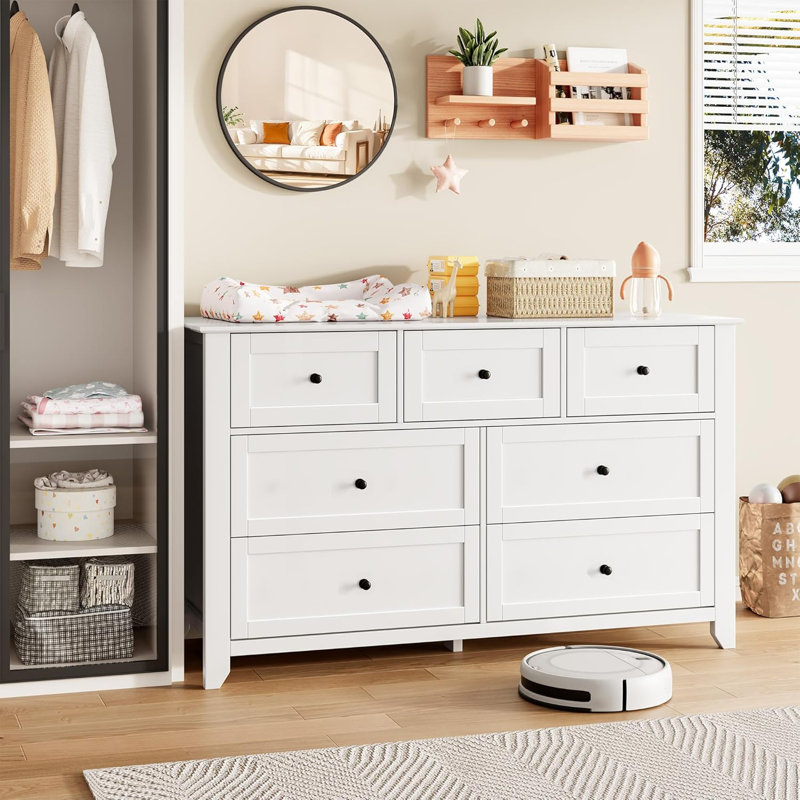 White 54" Wide 7-Drawer Dresser, Modern Wood Chest with Deep Drawers, White