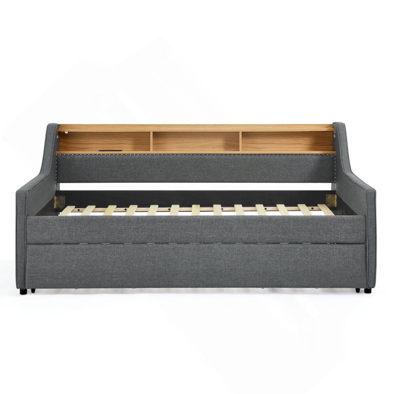 Canapé-lit simple rembourré avec trois lumières à DEL, avec tête de lit réglable avec rangement, lit gigogne escamotable et charge sans fil, cadre de canapé-lit rembourré en lin,