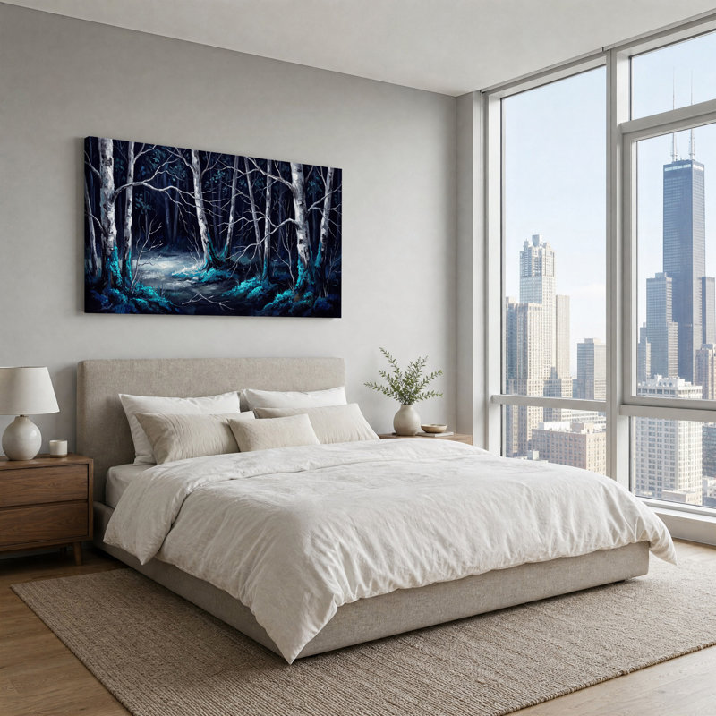 Art mural sur toile de forêt de bouleaux bleu foncé et bleu sarcelle, H 12 po x l 18 po