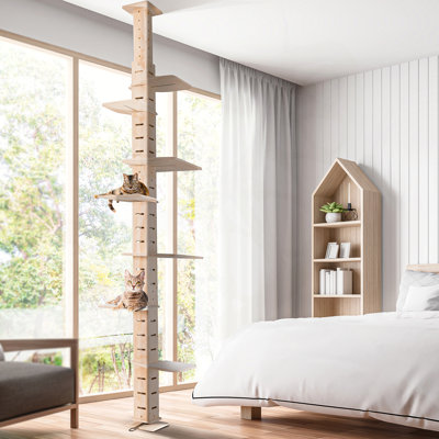 Arbre à chat à hauteur réglable du sol au plafond à plusieurs niveaux avec tablettes perchoirs et conception d'escalade verticale pour chats d'intérieur