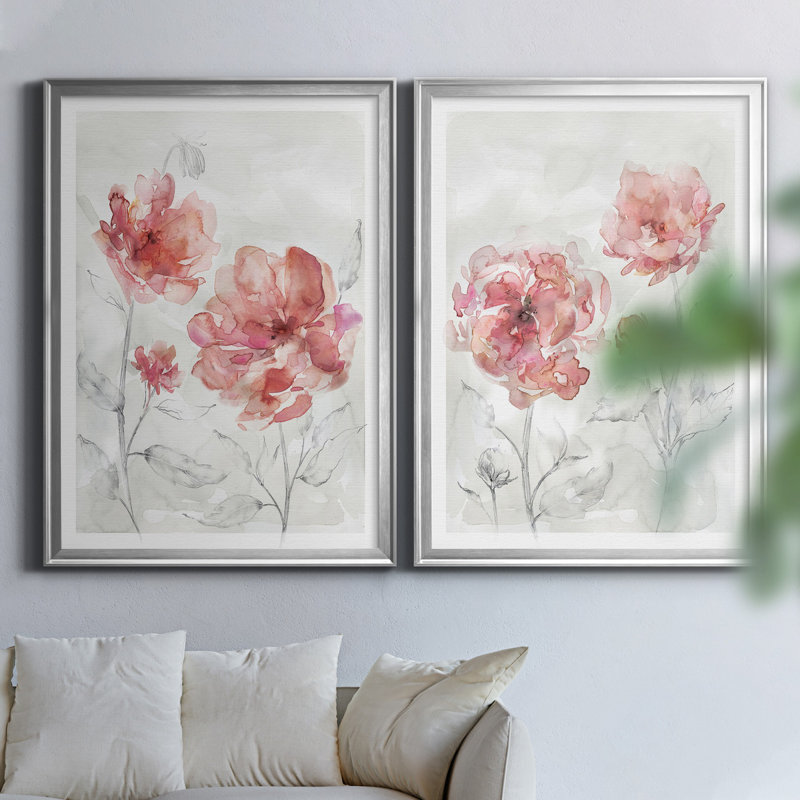 «Blush Botanical I», ensemble de 2 reproductions d'art, H 22,5 po x l 61 po x P 1,5 po, Pas de tapis, Toile encadrée argentée