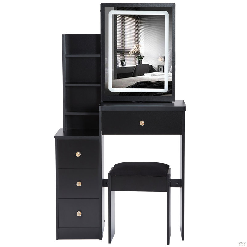 Petite coiffeuse de 29,2 po avec tabouret de chevet gauche + grand tabouret rembourré, commande tactile, interrupteur tricolore, miroir à luminosité réglable, rangement à grande capacité, convient aux petits espaces