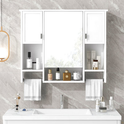 Armoire de rangement murale moderne 35 po x 28 po, armoire de salle de bain murale avec miroir, armoire à pharmacie avec barre à serviettes
