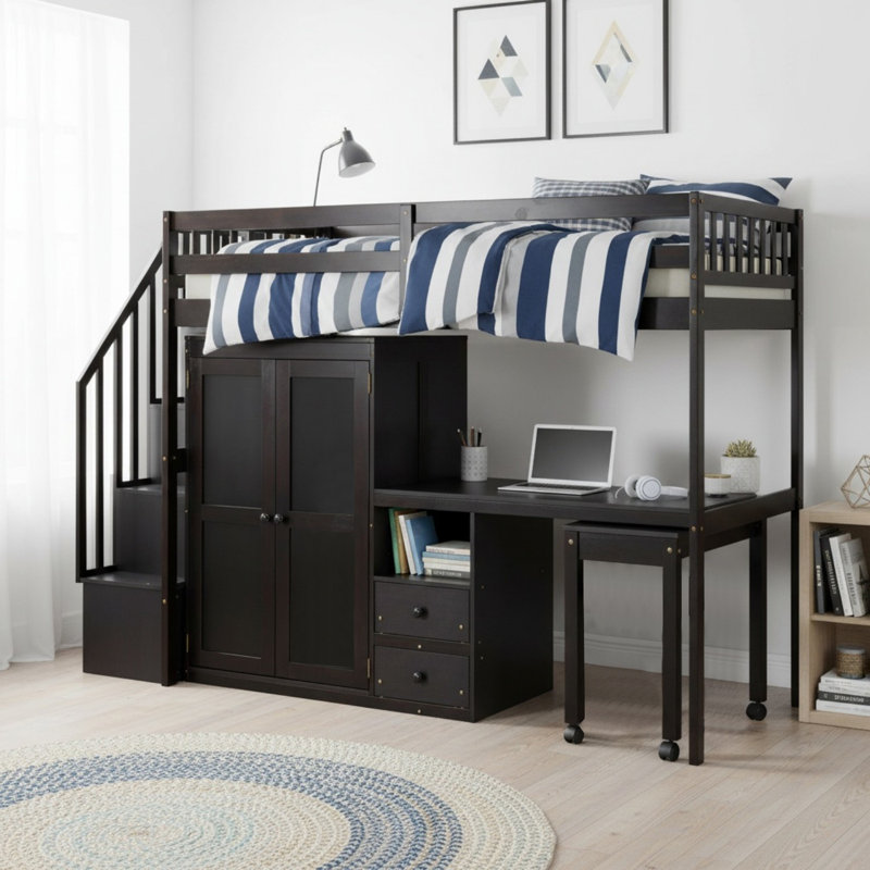 Lit mezzanine avec rangement et bureau, Simple, Espresso
