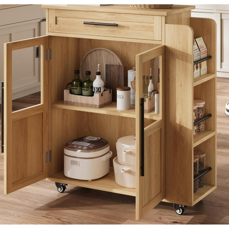Îlot de cuisine roulant en bois avec tiroir, chariot de cuisine et armoire de rangement, Naturel