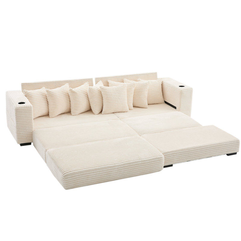 Canapé modulaire en L 110,75 po, canapé modulaire en velours côtelé, avec repose-pieds mobile, porte-gobelets, 8 coussins décoratifs, poche latérale, déplier dans un lit