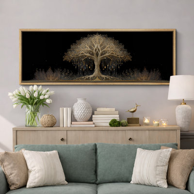 Golden Tree of Life on Black Background - Pictures Framed Canvas Print Wall Art