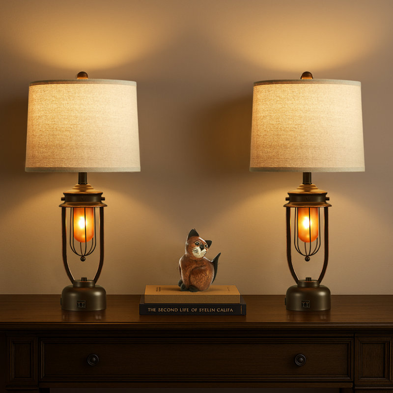 27” FarmhouseTable Lamp Set With Night Light And USB Ports   (Set of 2), Brown