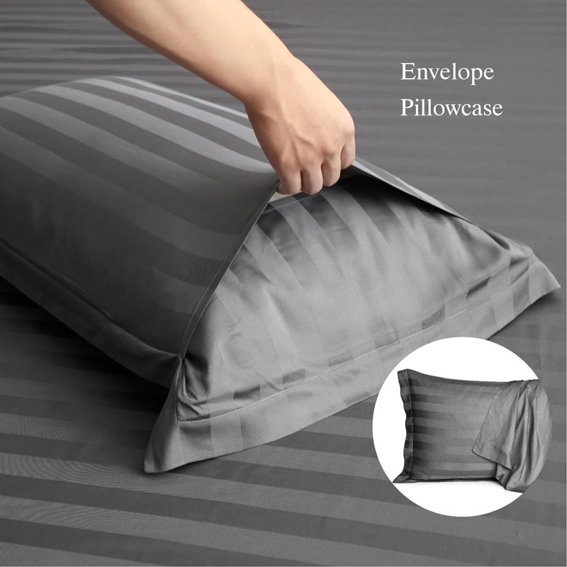 Cooling Silky Striped Sheet Set With Corner Straps, 100% Rayon from Bamboo Bed Sheets, Queen, Gray