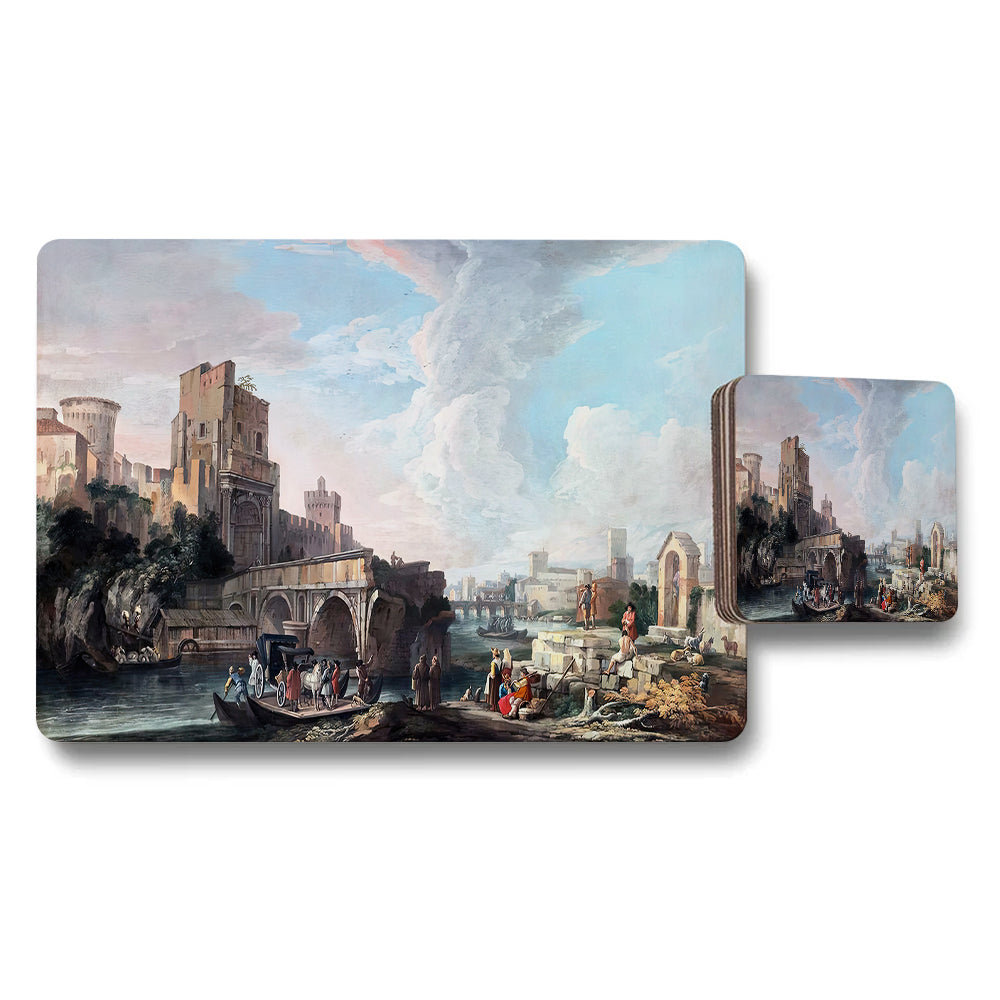 Vintage Romantic Cityscape Placemat And Coaster Set With River Scene