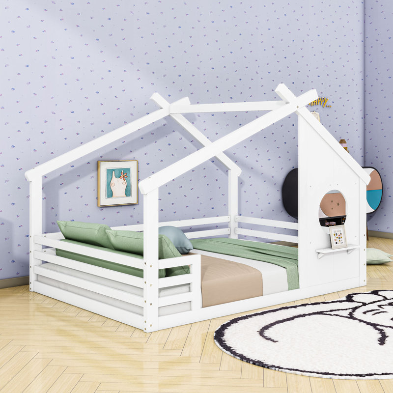 House Floor Bed With Window And Shelf, Full, White