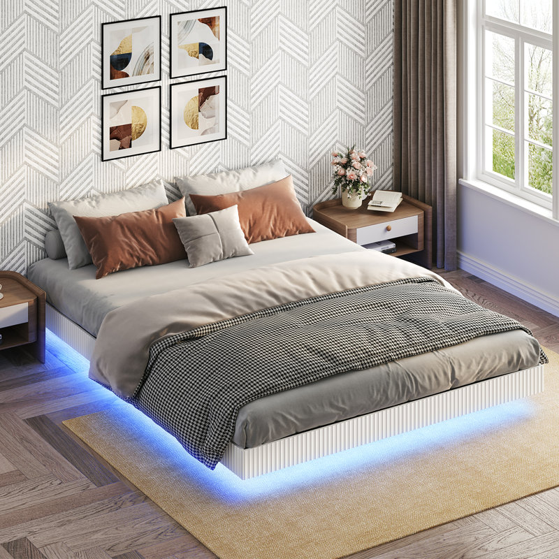 Floating Bed Frame With Led Lights，LED Bed Frame with Fluted Wavy Panel Design,Heavy Duty Metal Slats, Queen