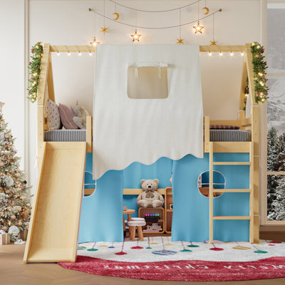 Solid Wood House Loft Bed with Ladders, Slide, Sills & Tents, LED Lights, No Box Spring by Ophelia & Co.