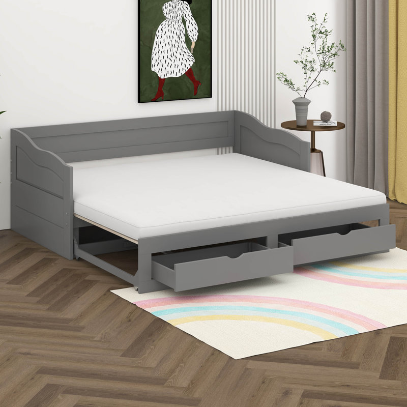 Twin Size Extendable Daybed, Wooden Daybed With Trundle And Two Drawers, Sofa Bed For Teens, Adults, Bedroom, Guest Room