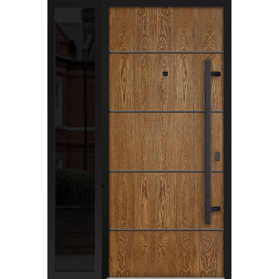 Front Exterior Prehung Steel Door Deux 6683 Natural Oak Side Exterior Window Sidelite Entry Metal Modern Painted Inswing