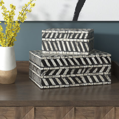 Gray Mother of Pearl Shell Handmade Chevron Pattern Decorative Box with Hinged Lid, Set of 2