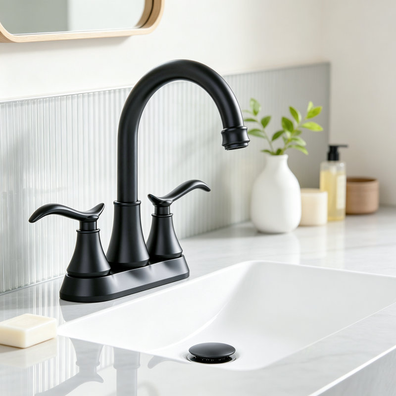 Robinet pour salle de bain à 2 poignées et centre à 2 poignées avec bec à grand arc, bonde escamotable et conduites d'alimentation