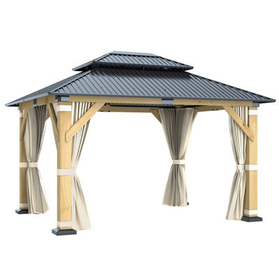 12 ft. W x 10 ft. D Outdoor Solid Cedar Wood Gazebo Galvanized Steel Double‑Tier Roof with Curtain & Nettings