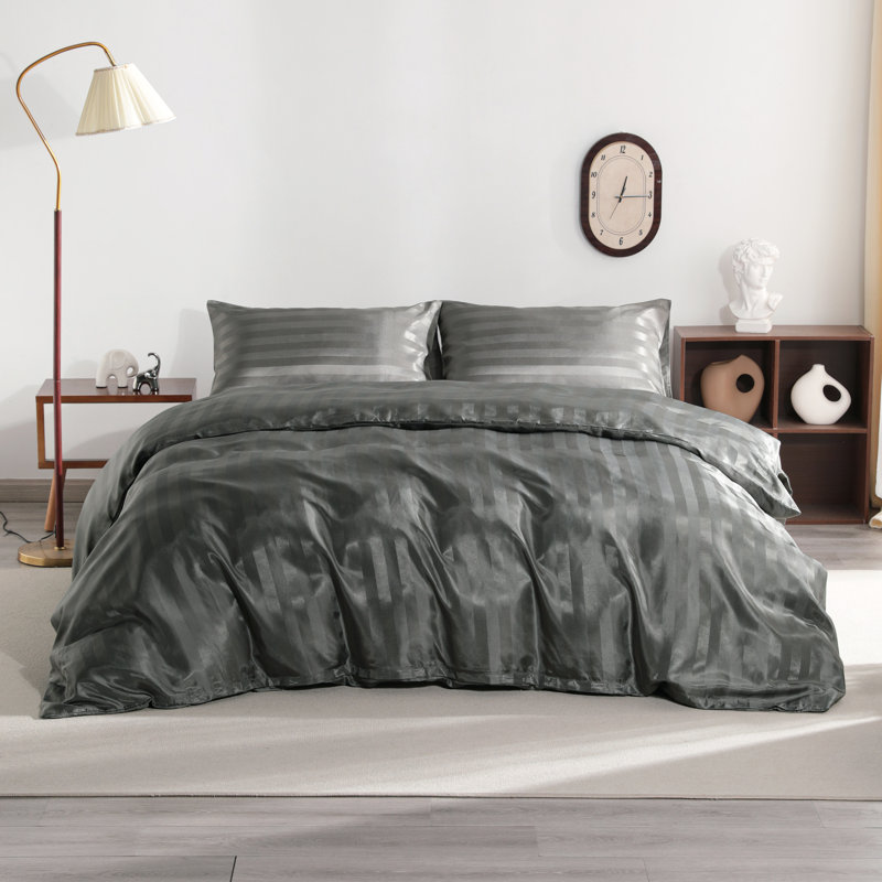 Ensemble de housse de couette soyeux à rayures satinées, doux, respirant et doux pour la peau (édredon non inclus), Grand lit
