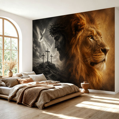 Wall Mural Peel and Stick Wallpaper Spiritual Collage Jesus Crosses Dove Lion Dramatic Light Self-Adhesive Removable Contact Paper Wall Decor for Living Room Bedroom 69"H x 96"W