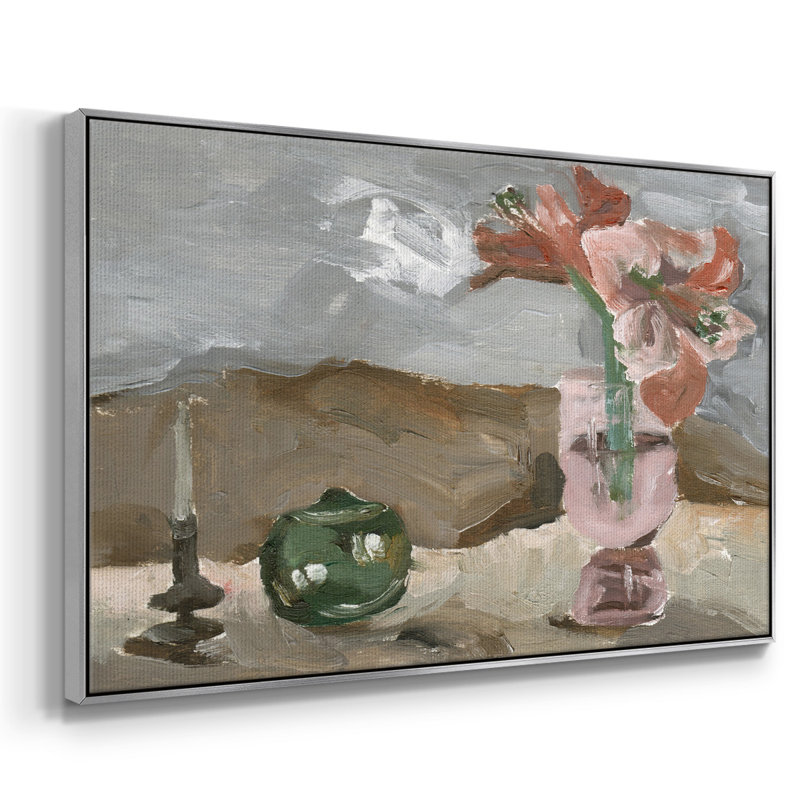 Vase de fleurs roses II - impression, Toile argentée avec cadre flottant, H 17 po x l 25 po x P 2 po
