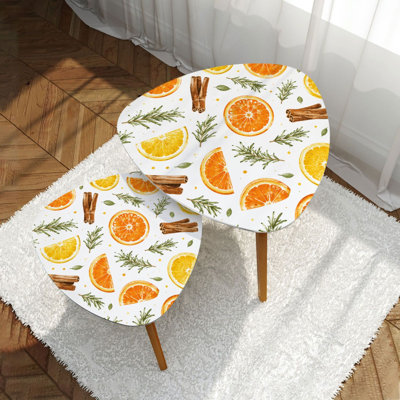 Modern Minimalist Citrus Orange Lemon Cinnamon Botanical Rosemary Sprigs White Triangle Nesting Coffee Table Set of 2 Multi Functional Freestanding End Table Space Saving Stackable Side Table Furniture for Families Renters Living Room Bedroom Home Decor