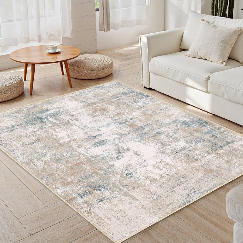 Tapis Elroy moderne abstrait lavable à la machine avec envers en caoutchouc antidérapant, Bleu beige, Rectangle 5 pi x 7 pi