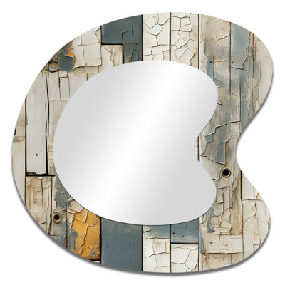 Fiaza Grey Tones Wood Pallets - Abstract Asymmetrical Mirror, Beige Unique Shape Decorative Wall Mirror, Printed Metal Art