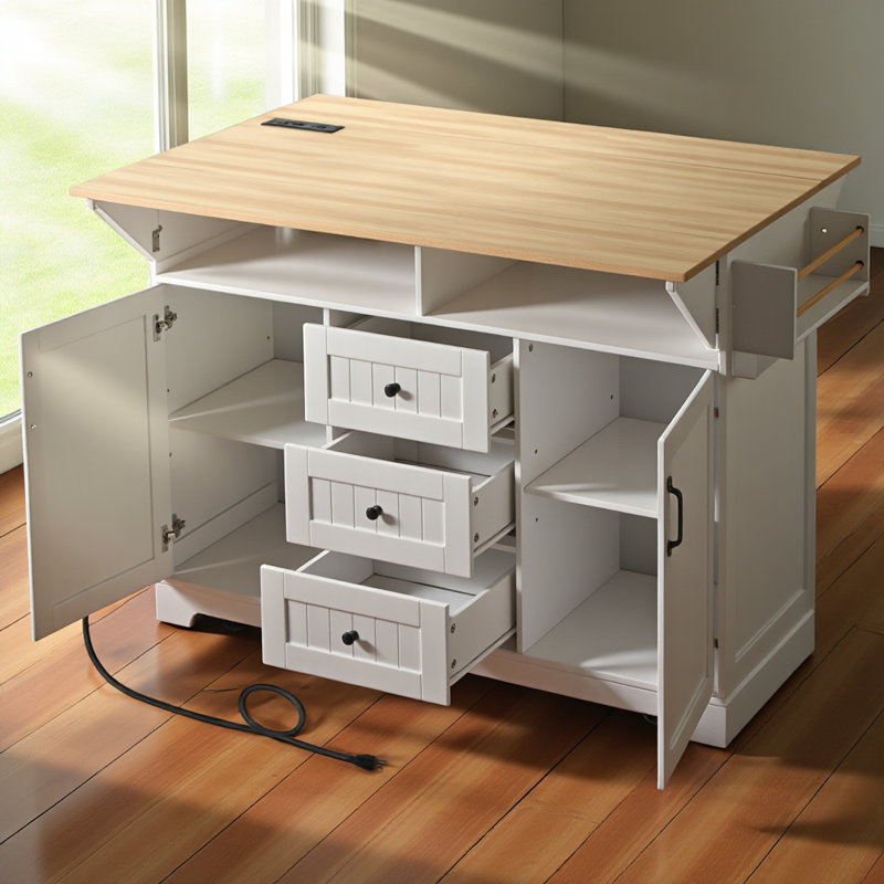 55.7'' Large Kitchen Island With 2 Drop Leaf,, Rolling Kitchen Cart On 5 Wheels With Power Outlet, Folding Storage Dining Table With Spice & Towel Rack , 3 Drawers, For Kitchen, Dining Room,white