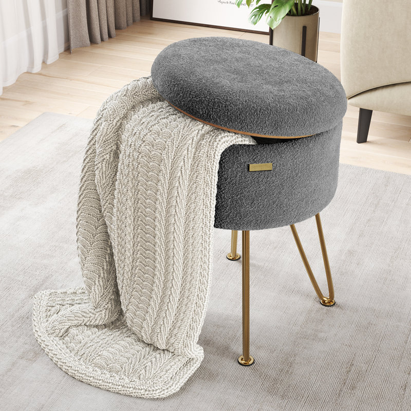 Round Boucle Ottoman with Storage, Gray, Gold