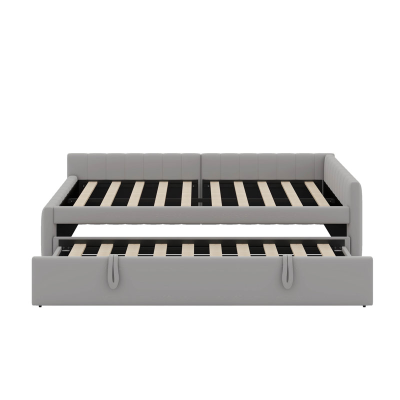 Lit de jour double rembourré en L avec lit gigogne escamotable double, Gris