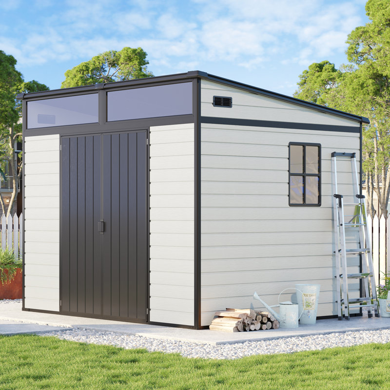 Outdoor Resin Lean-To Storage Shed with Floor, 6.8′W x 7′D x 6.7′H Weather-Resistant Plastic Garden Shed with Slanted Roof & 2 Windows