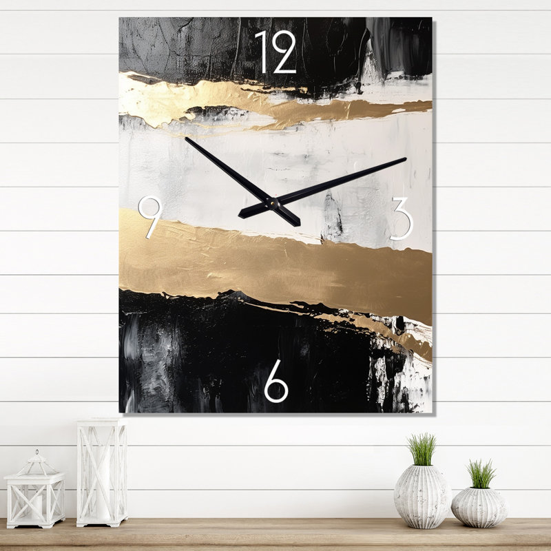Dimensions horizontales abstraites or noir V - peinture abstraite horloge murale, Moyen