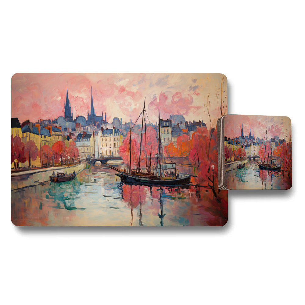 Paris River Scene Placemats And Coaster Set With Boats Artwork