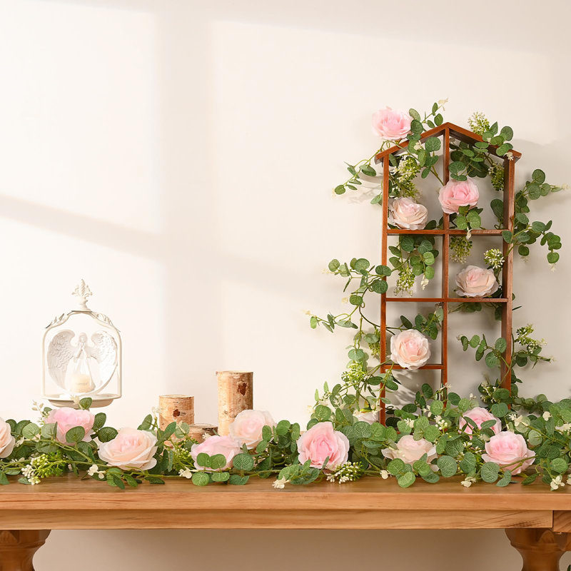 2 guirlandes d'eucalyptus artificiel 13 pi avec fleurs, Rose rose