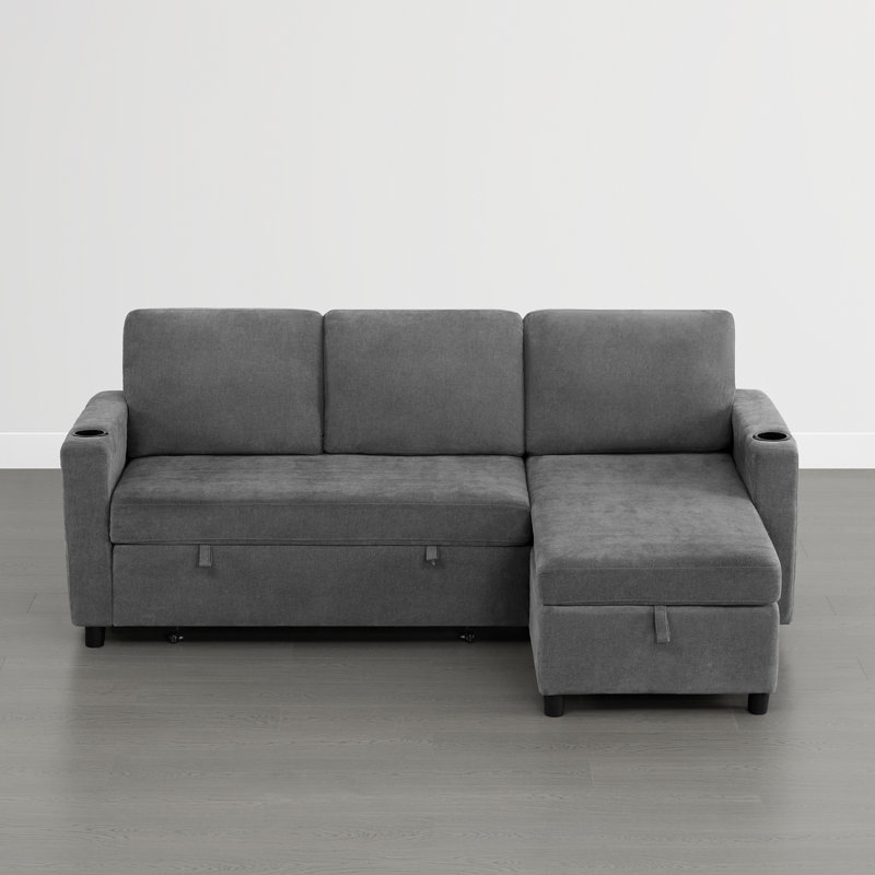  84" Modern 3-Seater Pull Out Sofa Bed L-Shaped Sofa Couch with Storage Chaise, Dark Gray 