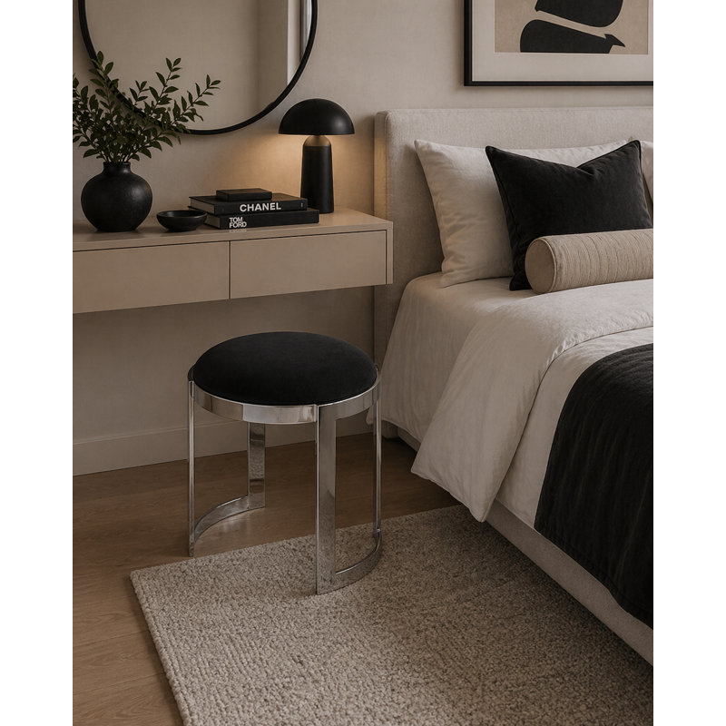 Nouri Metal Accent Stool, Black Faux Leather, Silver 