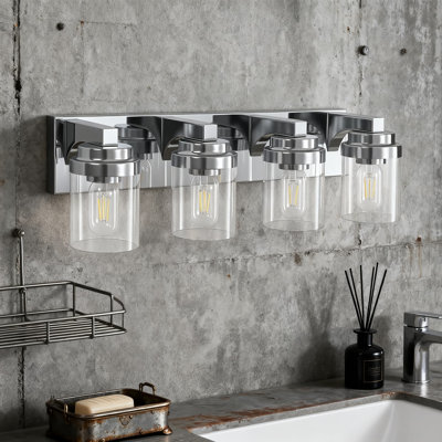Luminaire de salle de bain moderne à 4 lumières avec abat-jour en verre transparent, luminaire campagnard en chrome poli pour dessus de miroir, base E26 compatible avec les ampoules à DEL à intensité variable